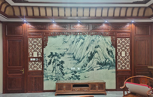 化州中式仿古别墅客厅背景墙花格木作装饰